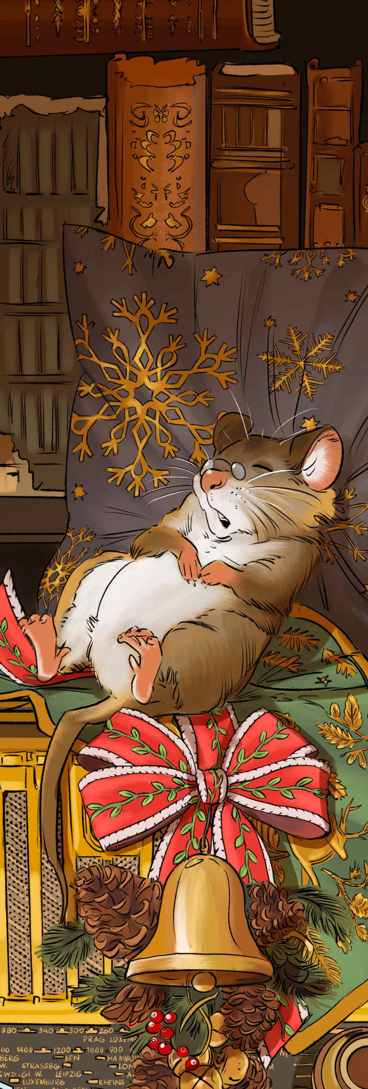 Sovende mus i bokhylle